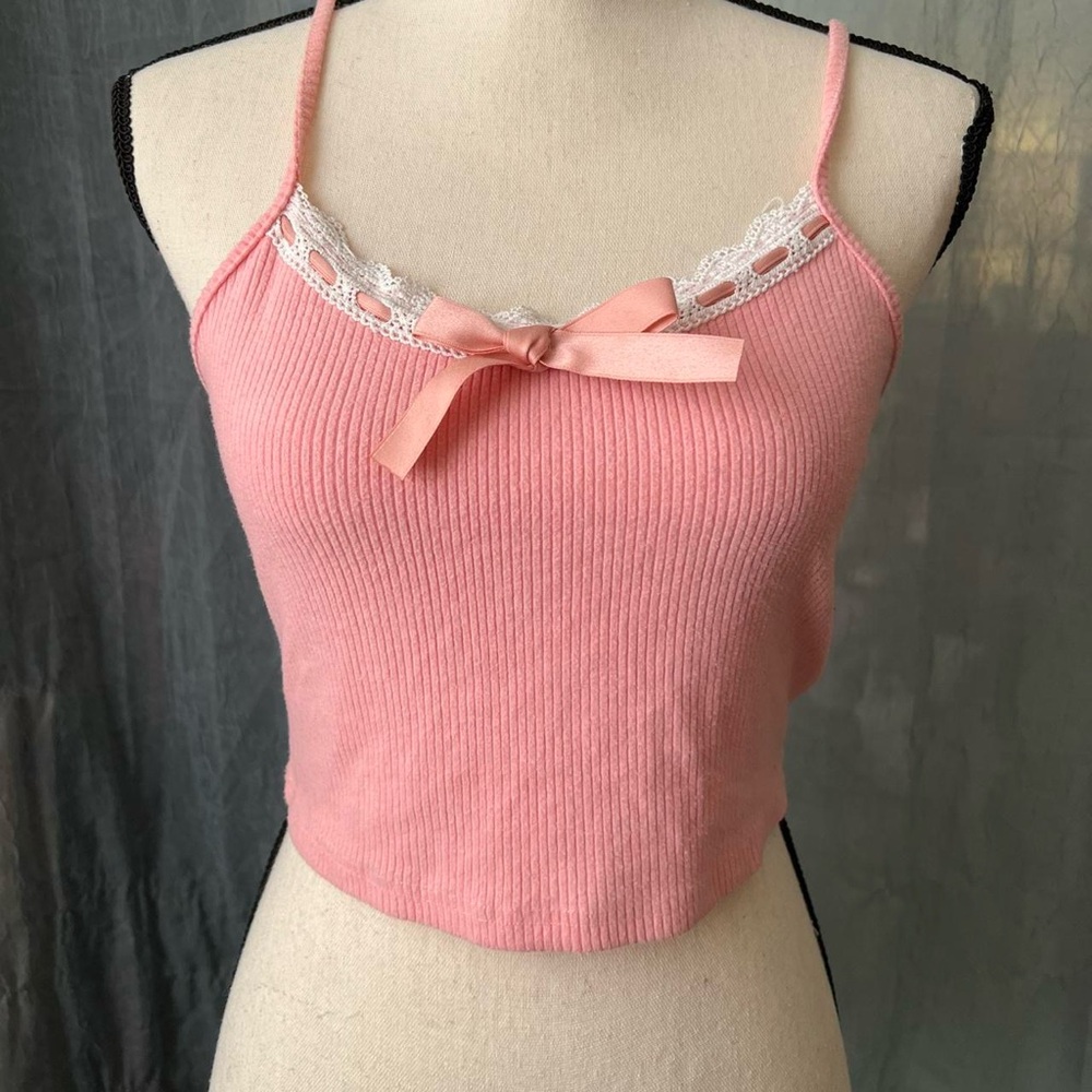 Pink Lace Trim Tank Top